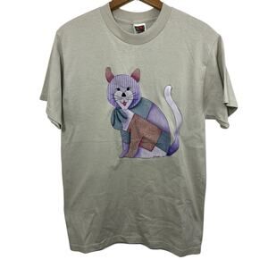 Cat T-shirt Beige Grandmacore Y2K Patchwork Medium Cat Lady Painted Catcore VTG